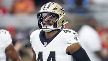 Aug 10, 2024; Glendale, Arizona, USA; New Orleans Saints  linebacker Isaiah Stalbird (44) against the Arizona Cardinals during a preseason NFL game at State Farm Stadium. Mandatory Credit: Mark J. Rebilas-Imagn Images