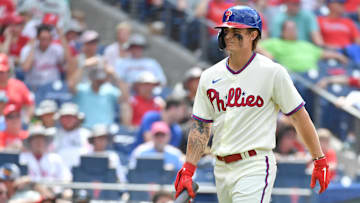 Jun 12, 2022; Philadelphia, Pennsylvania, USA; Philadelphia Phillies center fielder Mickey Moniak (16) walks back to the dugout after striking out against the Arizona Diamondbacks during the fifth inning at Citizens Bank Park.