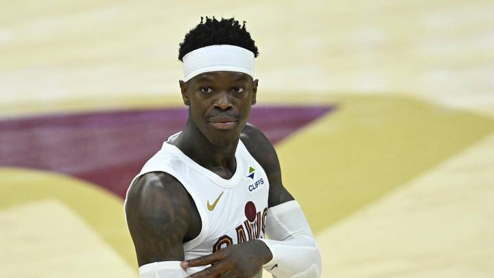 Apr 29, 2026; Cleveland, Ohio, USA; Cleveland Cavaliers guard Dennis Schroder (8) celebrates his three-point basket against the Toronto Raptors in the fourth quarter of game five of the first round of the 2026 NBA Playoffs at Rocket Arena. Mandatory Credit: David Richard-Imagn Images