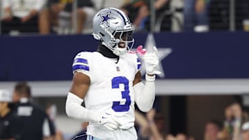 Dallas Cowboys wide receiver George Pickens celebrates after scoring a touchdown in the fourth quarter against the Green Bay Packers at AT&T Stadium.