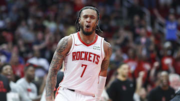 Mar 5, 2024; Houston, Texas, USA; Houston Rockets forward Cam Whitmore (7) reacts after scoring a basket during the fourth quarter against the San Antonio Spurs at Toyota Center. Mandatory Credit: Troy Taormina-Imagn Images