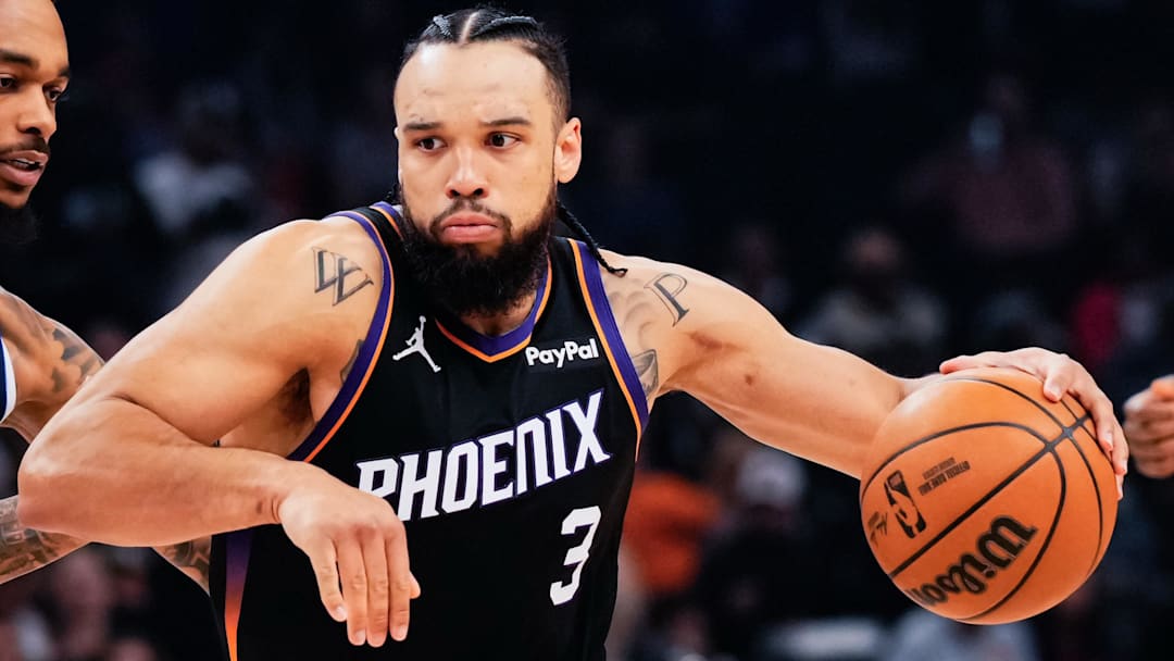 Feb 10, 2026; Phoenix, Arizona, USA; Phoenix Suns guard/forward Dillon Brooks (3) goes against Dallas Mavericks forward P.J. Washington (25) during the first half the game at Mortgage Matchup Center. Mandatory Credit: Arianna Grainey-Imagn Images