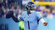 Tennessee Titans quarterback Cam Ward (1) looks to pass during the fourth quarter against the Seattle Seahawks at Nissan Stadium in Nashville, Tenn., Sunday, Nov. 23, 2025.