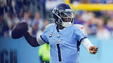 Tennessee Titans quarterback Cam Ward (1) looks to pass during the fourth quarter against the Seattle Seahawks at Nissan Stadium in Nashville, Tenn., Sunday, Nov. 23, 2025.