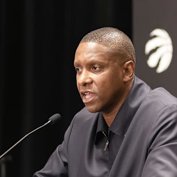 Oct 2, 2023; Toronto, ON, Canada; Toronto Raptors president Masai Ujiri talks to the media during Media Day at the Hilton Toronto. Mandatory Credit: John E. Sokolowski-Imagn Images