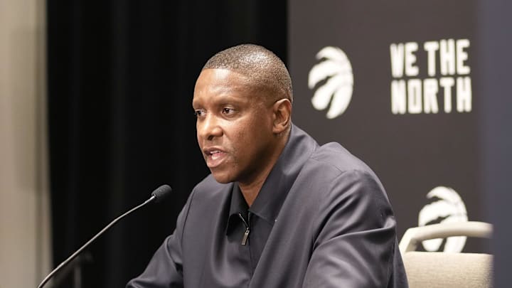 Oct 2, 2023; Toronto, ON, Canada; Toronto Raptors president Masai Ujiri talks to the media during Media Day at the Hilton Toronto. Mandatory Credit: John E. Sokolowski-Imagn Images