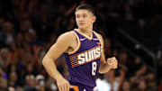 Nov 10, 2025; Phoenix, Arizona, USA; Phoenix Suns guard Grayson Allen (8) against the New Orleans Pelicans in the second half at the Mortgage Matchup Center. Mandatory Credit: Mark J. Rebilas-Imagn Images