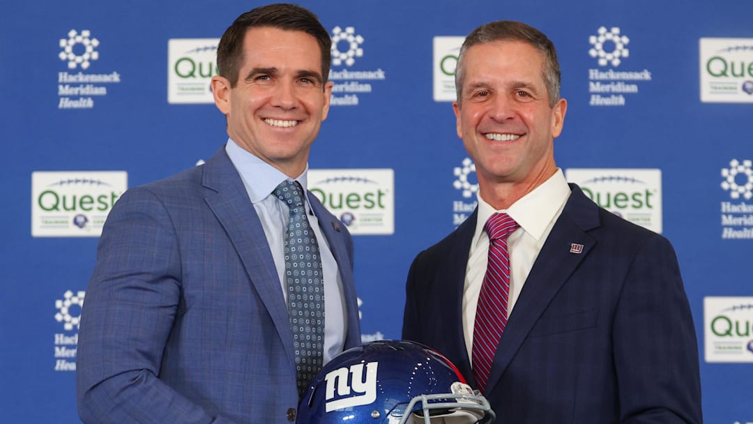 Jan 20, 2026; East Rutherford, NJ, USA; New York Giants general manager Joe Schoen and head coach John Harbaugh pose after the press conference announcing Harbaughís hiring at Quest Diagnostics Training Center. Mandatory Credit: Ed Mulholland-Imagn Images