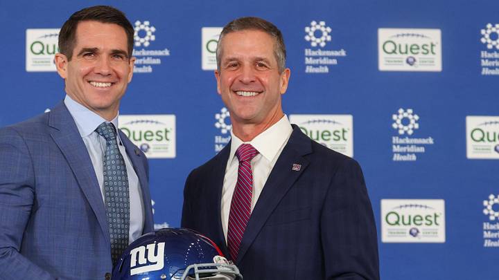 Jan 20, 2026; East Rutherford, NJ, USA; New York Giants general manager Joe Schoen and head coach John Harbaugh pose after the press conference announcing Harbaughís hiring at Quest Diagnostics Training Center. Mandatory Credit: Ed Mulholland-Imagn Images