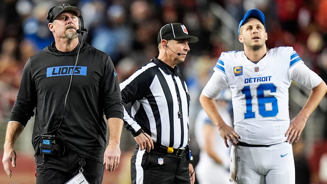 Detroit Lions head coach Dan Campbell and quarterback Jared Goff (16) watch a replay against the San Francisco 49ers during the second half at Levi's Stadium in Santa Clara, Calif. on Monday, Dec. 30, 2024.