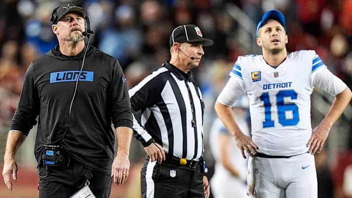 Detroit Lions head coach Dan Campbell and quarterback Jared Goff (16) watch a replay against the San Francisco 49ers during the second half at Levi's Stadium in Santa Clara, Calif. on Monday, Dec. 30, 2024.