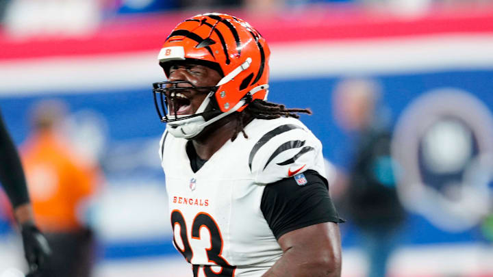 Cincinnati Bengals defensive tackle McKinnley Jackson (93) celebrates after the New York Giants missed their first of two second half field goals, Sunday, October 13, 2024, in East Rutherford.