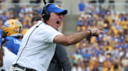 Sep 27, 2025; Pittsburgh, Pennsylvania, USA;  Pittsburgh Panthers head coach Pat Narduzzi reacts on the field against the Louisville Cardinals during the second quarter at Acrisure Stadium. Mandatory Credit: Charles LeClaire-Imagn Images