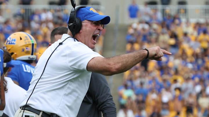 Sep 27, 2025; Pittsburgh, Pennsylvania, USA;  Pittsburgh Panthers head coach Pat Narduzzi reacts on the field against the Louisville Cardinals during the second quarter at Acrisure Stadium. Mandatory Credit: Charles LeClaire-Imagn Images