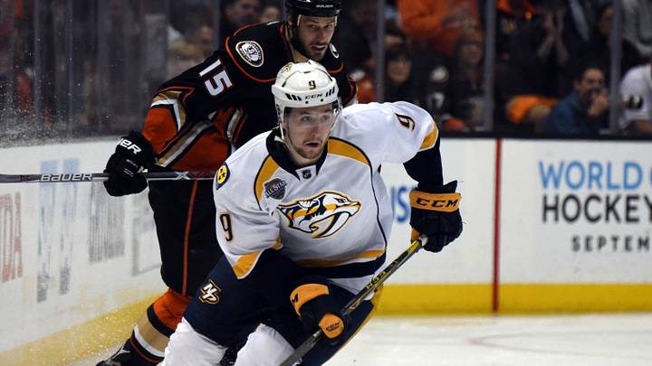 Apr 27, 2016; Anaheim, CA, USA; Nashville Predators center Filip Forsberg (9) moves the puck against the Anaheim Ducks in game seven of the first round of the 2016 Stanley Cup Playoffs at Honda Center. The Predators defeated the Ducks 2-1 to win the series 4-3. Mandatory Credit: Kirby Lee-USA TODAY Sports Apr 27, 2016; Anaheim, CA, USA; Nashville Predators center Filip Forsberg (9) moves the puck against the Anaheim Ducks in game seven of the first round of the 2016 Stanley Cup Playoffs at Honda Center. The Predators defeated the Ducks 2-1 to win the series 4-3. Mandatory Credit: Kirby Lee-USA TODAY Sports