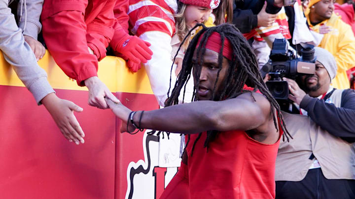 Dec 12, 2021; Kansas City, Missouri, USA; Kansas City Chiefs outside linebacker Nick Bolton (54) greets fans while leaving the field after the win over the Las Vegas Raiders at GEHA Field at Arrowhead Stadium. Mandatory Credit: Denny Medley-Imagn Images