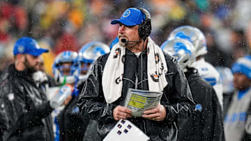 Detroit Lions head coach Dan Campbell looks on at a timeout against Green Bay Packers during the first half at Lambeau Field in Green Bay, Wis. on Sunday, Nov. 3, 2024.