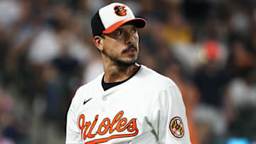 Apr 29, 2025; Baltimore, Maryland, USA; Baltimore Orioles pitcher Charlie Morton (50) walks off of the field during the fifth inning against the New York Yankees at Oriole Park at Camden Yards. 
