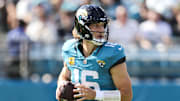 Nov 16, 2025; Jacksonville, Florida, USA; Jacksonville Jaguars quarterback Trevor Lawrence (16) looks to pass against the Los Angeles Chargers during the first quarter at EverBank Stadium. Mandatory Credit: Morgan Tencza-Imagn Images