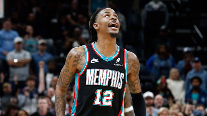 Oct 22, 2025; Memphis, Tennessee, USA; Memphis Grizzlies guard Ja Morant (12) reacts after defeating the New Orleans Pelicans at FedExForum. Mandatory Credit: Petre Thomas-Imagn Images