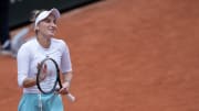 Jun 2, 2024; Paris, France; Marketa Vondrousova of the Czech Republic celebrates winning her match against Olga Danilovic of Serbia match on day eight of Roland Garros at Stade Roland Garros.