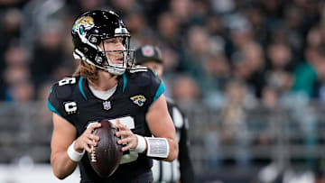 Jacksonville Jaguars quarterback Trevor Lawrence (16) drops back to throw in the first half of a Week 13 NFL football game against the Cincinnati Bengals, Monday, Dec. 4, 2023, at EverBank Stadium in Jacksonville, Fla.