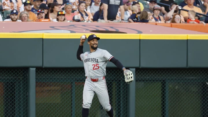 Minnesota Twins outfielder Byron Buxton (25) throws to the infield in the eighth inning of the game at Comerica Park in Detroit on July 27, 2024. 