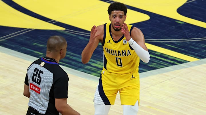 Jun 11, 2025; Indianapolis, Indiana, USA; Indiana Pacers guard Tyrese Haliburton (0) reacts to a play during the fourth quarter against the Oklahoma City Thunder in game three of the 2025 NBA Finals at Gainbridge Fieldhouse. Mandatory Credit: Trevor Ruszkowski-Imagn Images