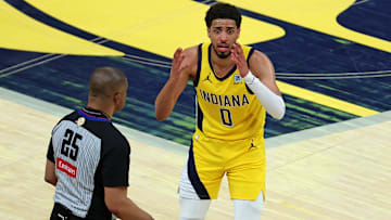 Jun 11, 2025; Indianapolis, Indiana, USA; Indiana Pacers guard Tyrese Haliburton (0) reacts to a play during the fourth quarter against the Oklahoma City Thunder in game three of the 2025 NBA Finals at Gainbridge Fieldhouse. Mandatory Credit: Trevor Ruszkowski-Imagn Images