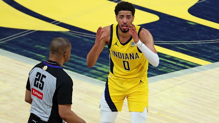 Jun 11, 2025; Indianapolis, Indiana, USA; Indiana Pacers guard Tyrese Haliburton (0) reacts to a play during the fourth quarter against the Oklahoma City Thunder in game three of the 2025 NBA Finals at Gainbridge Fieldhouse. Mandatory Credit: Trevor Ruszkowski-Imagn Images