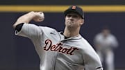 Apr 15, 2025; Milwaukee, Wisconsin, USA; Detroit Tigers pitcher Jack Flaherty (9) delivers a pitch against Milwaukee Brewers in the first inning at American Family Field.