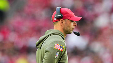 Nov 16, 2025; Glendale, Arizona, USA; Arizona Cardinals head coach Jonathan Gannon looks on during the second half against the San Francisco 49ers at State Farm Stadium. Mandatory Credit: Joe Camporeale-Imagn Images