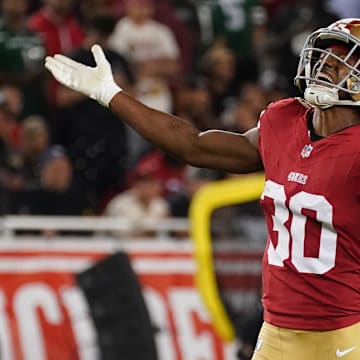 Sep 9, 2024; Santa Clara, California, USA; San Francisco 49ers safety George Odum (30) celebrates in the fourth quarter against the New York Jets at Levi's Stadium. Mandatory Credit: David Gonzales-Imagn Images