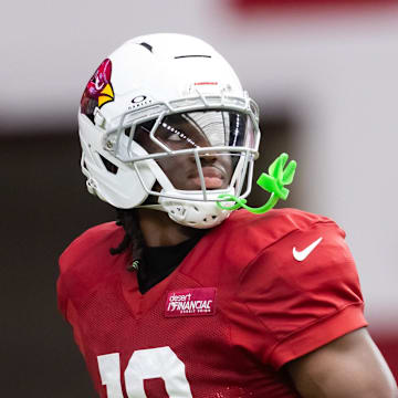 Jul 29, 2025; Glendale, AZ, USA; Arizona Cardinals wide receiver Marvin Harrison Jr. (18) during training camp at State Farm Stadium. Mandatory Credit: Mark J. Rebilas-Imagn Images