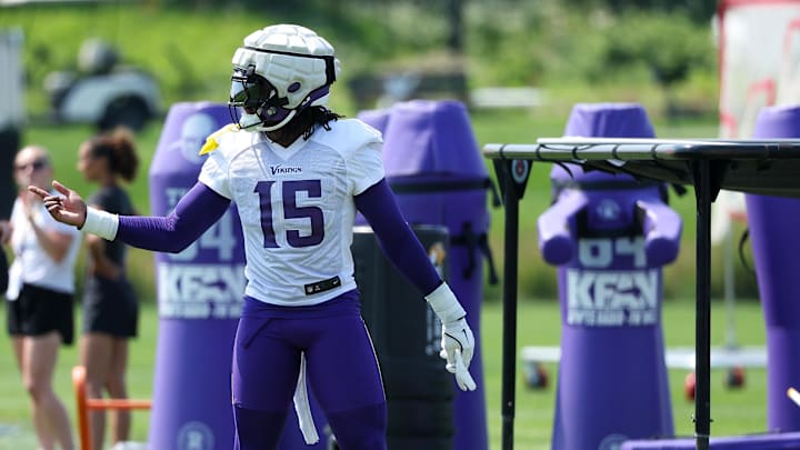 Jul 29, 2025; Eagan, MN, USA; Minnesota Vikings linebacker Dallas Turner (15) takes part in drills during the teams training camp at the Minnesota Vikings Training Facility.