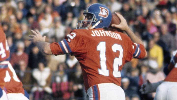 Unknown date; Denver, CO, USA; FILE PHOTO; Denver Broncos quarterback Charley Johnson (12) in action against the Kansas City Chiefs at Mile High Stadium. 