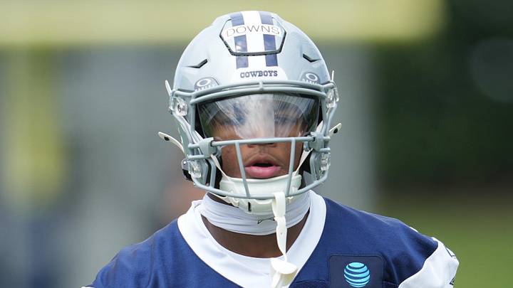 Dallas Cowboys cornerback Caleb Downs (18) on the field.
