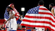 Aug 7, 2021; Saitama, Japan; United States forward Kevin Durant (7) and United States guard Jrue Holiday (12) celebrate winning the gold medal against France in the men's basketball gold medal game during the Tokyo 2020 Olympic Summer Games at Saitama Super Arena. Mandatory Credit: Geoff Burke-USA TODAY Sports