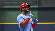 Sep 13, 2025; Milwaukee, Wisconsin, USA; St. Louis Cardinals designated hitter Ivan Herrera (48) reacts after hitting a solo home run against the Milwaukee Brewers in the first inning at American Family Field. Mandatory Credit: Benny Sieu-Imagn Images