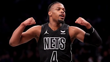 Brooklyn Nets guard Dennis Smith Jr. reacts during the fourth quarter against the Portland Trail Blazers at Barclays Center on January 7, 2024.
