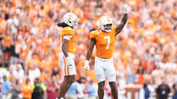 Tennessee defensive back Jermod McCoy (3) and Tennessee linebacker Arion Carter (7) celebrate prematurely during a game between Tennessee and Alabama at Neyland Stadium in Knoxville, Tenn., Saturday, Oct. 19, 2024.