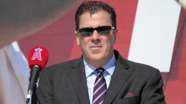 Mar 24, 2019; Anaheim, CA, USA; Los Angeles Angels president John Carpino at a press conference to announce a 12 year contract extension for center fielder Mike Trout (not pictured) at Angel Stadium of Anaheim. Mandatory Credit: Kirby Lee-Imagn Images