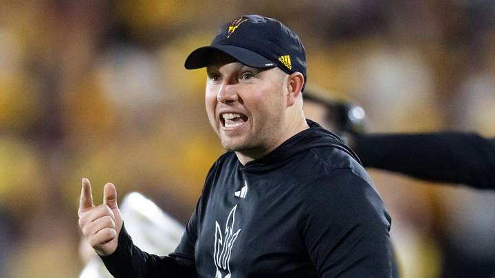 Nov 28, 2025; Tempe, Arizona, USA; Arizona State Sun Devils head coach Kenny Dillingham reacts against the Arizona Wildcats during the 99th Territorial Cup at Mountain America Stadium. Mandatory Credit: Mark J. Rebilas-Imagn Images