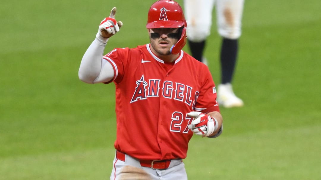 May 12, 2026; Cleveland, Ohio, USA; Los Angeles Angels center fielder Mike Trout (27) celebrates his double in the fifth inning against the Cleveland Guardians at Progressive Field. Mandatory Credit: David Richard-Imagn Images