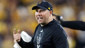 Nov 28, 2025; Tempe, Arizona, USA; Arizona State Sun Devils head coach Kenny Dillingham reacts against the Arizona Wildcats during the 99th Territorial Cup at Mountain America Stadium. Mandatory Credit: Mark J. Rebilas-Imagn Images