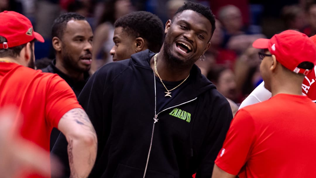 Apr 19, 2024; New Orleans, Louisiana, USA;  New Orleans Pelicans forward Zion Williamson (1) talks to the ball boys during a time out against the Sacramento Kings in the second half during a play-in game of the 2024 NBA playoffs at Smoothie King Center.