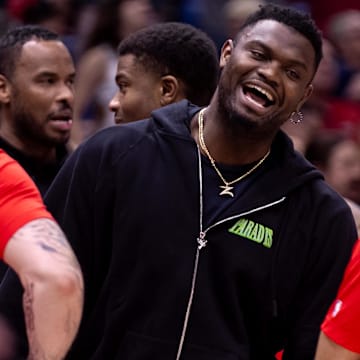 Apr 19, 2024; New Orleans, Louisiana, USA;  New Orleans Pelicans forward Zion Williamson (1) talks to the ball boys during a time out against the Sacramento Kings in the second half during a play-in game of the 2024 NBA playoffs at Smoothie King Center.