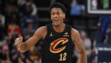 Mar 14, 2025; Memphis, Tennessee, USA; Cleveland Cavaliers small forward De'Andre Hunter (12) celebrates after hitting a three-pointer in the 1st quarter of the Cleveland Cavaliers vs. Memphis Grizzlies game at FedExForum. Mandatory Credit: Matthew Smith-Imagn Images