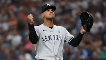 New York Yankees relief pitcher Albert Abreu (84) reacts