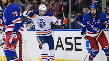 Dec 22, 2023; New York, New York, USA;  Edmonton Oilers left wing Zach Hyman (18) celebrates his